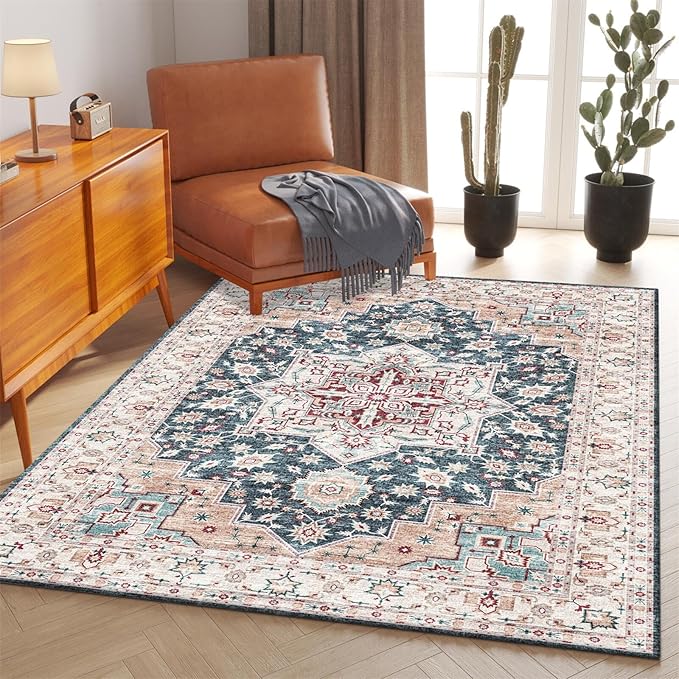 Area Rug 4x6 Living Room Rugs,Machine Washable Rug,Stain Resistant Soft Thin Floral Carpet,Blue Boho Vintage Home Decor,Indoor Non-Slip Rugs,for Bedroom,Office,Farmhouse,Dining