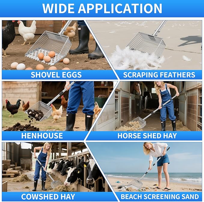 Chicken Poop Scooper & Rake 2-in-1,Chicken Litter Scoop with Handle(24 to 69") for Chicken Coop & Pet Waste Cleaning,304 Stainless Steel Shovel Head, Chicken Coop Accessories，Litter Sifting Shovel