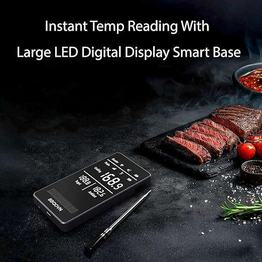 Smart WiFi Wireless Meat Thermometer Unlimited Range 7 NIST Cert.Sensors Accuracy ±0.5°F Sub-1G (10X Stronger than Bluetooth)APP&Digital Base,Monitor for BBQ, Grill,Oven, Smoker(1, Black,Small)