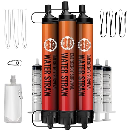 Emergency Water Filter Straw, Personal Survival Water Filtration System, Water Purifier, Outdoor Survival Gear and Equipment for Hiking Camping Accessories Cycling Fishing Preparedness (3PCS)