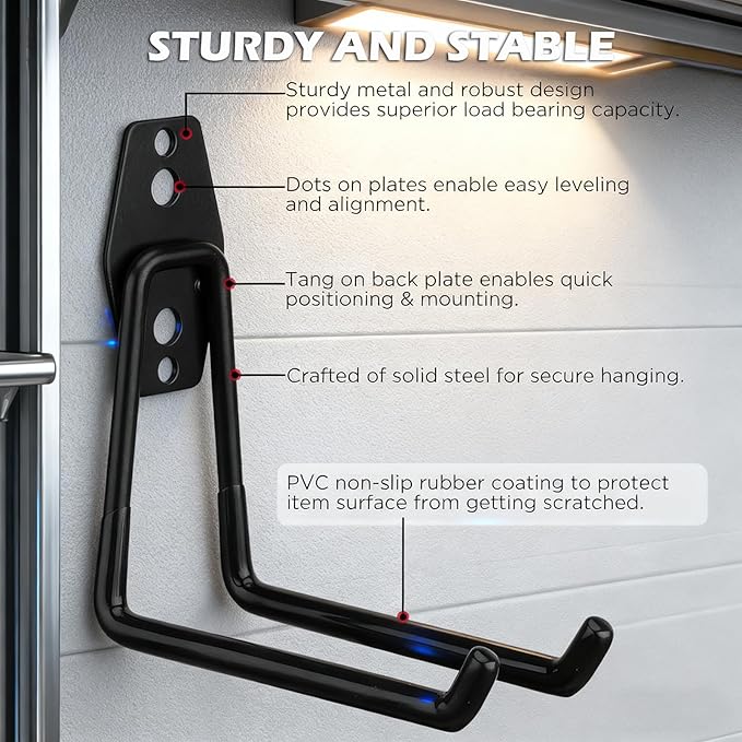 20 Pack Heavy Duty Garage Storage Hooks with Extension Cord Organizer, Solid Steel Wall Mount Hook Set with Anti-Slip Coating Utility J Hooks for Ladders,Bikes,Ropes,Broom,Garden,Yard and Power Tools