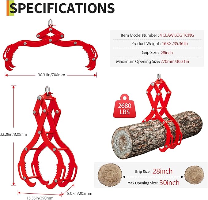 GarveeLife 28 in Log Lifting Tongs,4 Serrated Claw Hook Log Tongs,Heavy Duty Steel Swivel Dragging Tong,2200 LBS Logs Grapple with Handles, Lumber Logs Skidding Tong for Tractors, Trucks