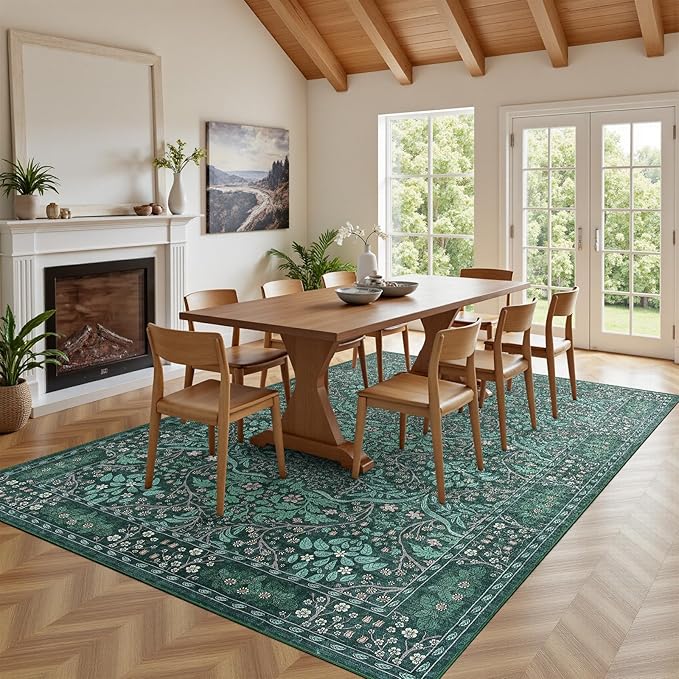 Washable Area Rug 9x12 Living Room Rug,Dark Green Rug for Dining Room Entryway Bedroom Farmhouse Nursery Home Office,Low Pile Stain & Slip Resistant Large Carpet for Bedroom