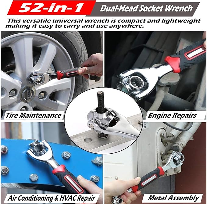 52 in 1 Socket Wrench & Screwdriver Set, Stainless Steel Multi-Functional Rotating Spanner with 360° Flexibility Dog Bone wrench for Bolts, Nuts, and Ideal for Home and Automotive Repair
