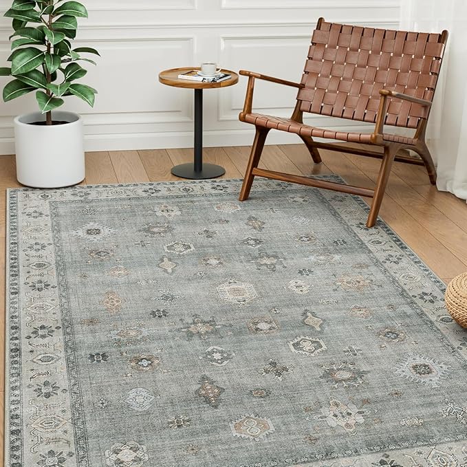 GENIMO 5X7 Area Rugs for Living Room, Machine Washable Non Slip Vintage Rugs, Low Pile Lightweight Chenille Print Rug for Bedroom, Dining Room, Home Office, Bluish Gray