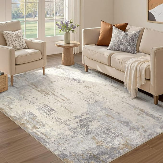 4x6 Area Rug Living Room Rugs - Washable Neutral Modern Abstract Soft Thin Rug Indoor Floor No Slip Rug Carpet for Bedroom Under Dining Table Home Office Decor - Light Brown/Gray