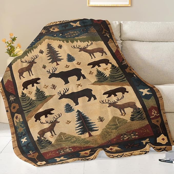 Dynova Cabin Throw Blanket Cozy Plush Retro Rustic Lodge Throw Blankets Bear Deer Decor Fuzzy Flannel Fleece for Girls Boys Women Men 80"X60"