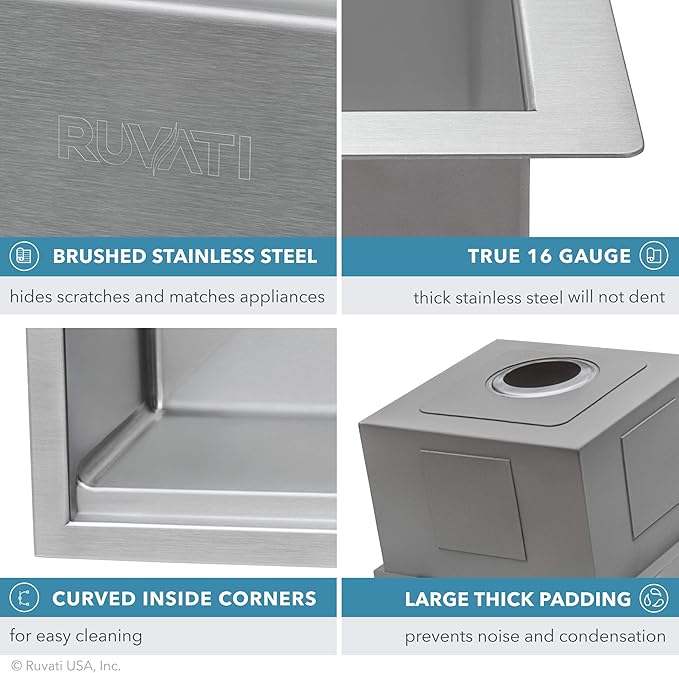 Ruvati 36-inch Rounded Corners Apron-front Workstation Farmhouse Kitchen Sink - 16 Gauge Stainless Steel Kitchen Sink Single Bowl with Brushed Finish hides scratches - RVH9300
