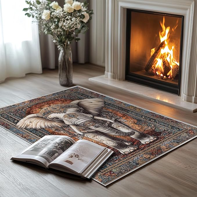 2x3 Elephant Area Rugs Boho Elephant Rug for Bathroom Kitchen Entryway Indoor Soft Non-Slip Thin Hippie Carpet Vintage Small Brown Doormat for Office Dining Room Under Table Washable Machine