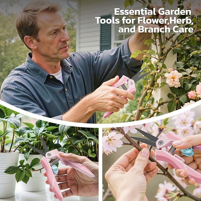 NEXON Garden Pruning Shears 2 Pack, 8" Bypass Hand Pruner & 6.25" Precision Garden Scissors, Professional Garden Clippers for Plants and Flowers Pink