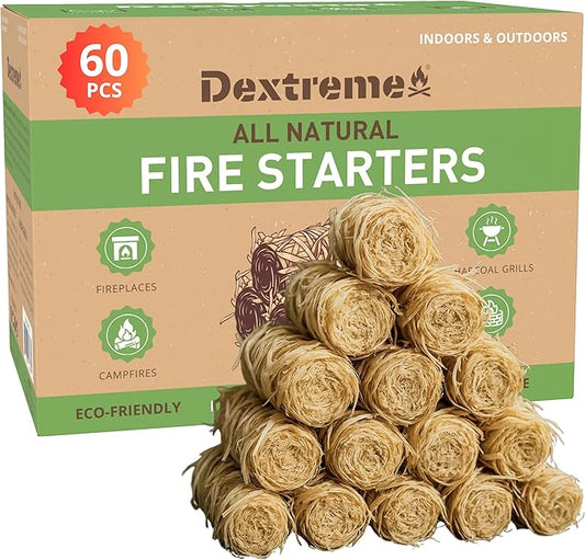 Dextreme Fire Starter (60 PCS) Natural Fire Starters for Campfire, Charcoal Starter, Fireplace, Wood Stove, BBQ, Chimney, Fire Pit, and Grill | All Weather, Odorless, Non-Toxic, w/10 Min Burning Time