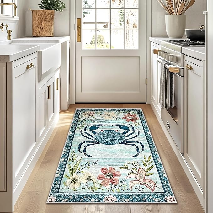 3x5 Crab Area Rugs Boho Teal Rug for Bathroom Kitchen Entryway Indoor Soft Non-Slip Thin Hippie Carpet Small Floral Doormat for Office Dining Room Home Decor Under Table Washable Machine
