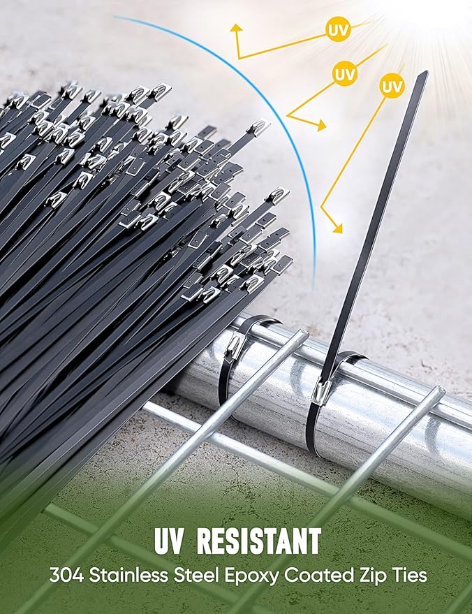 Metal Zip Ties Black,With Special Fastening And Cutting Tools,150 Pcs 11.8 Inch,Multi-Purpose Stainless Steel Cable Ties, Suitable For Agricultural Fencing, Garden Chain Link Fence Fixing, Pipe Tying.