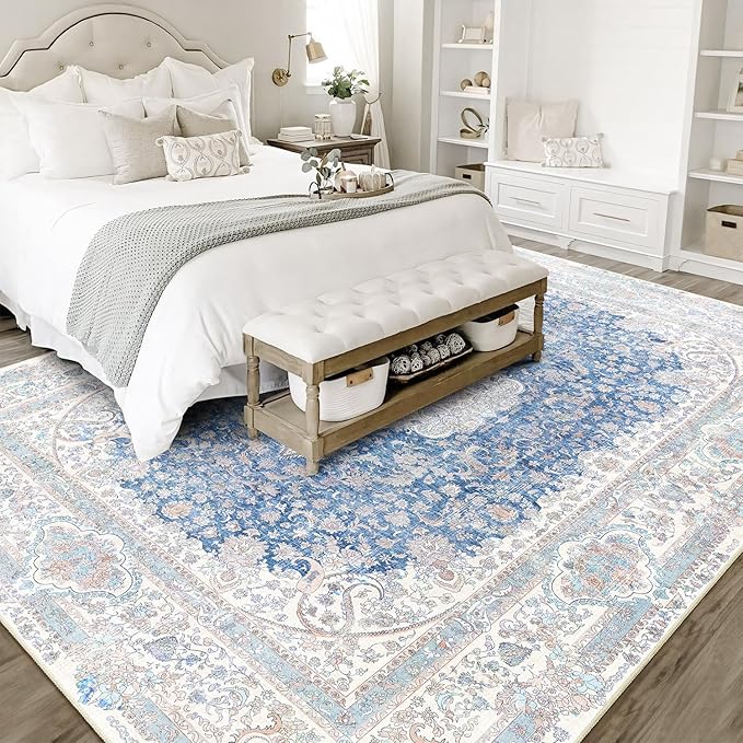 8x10 Area Rugs Washable,Blue Rug for Living Room Bedroom Dining Room,Large Boho Vintage Bohemian Distressed Carpet Non Slip,Floral