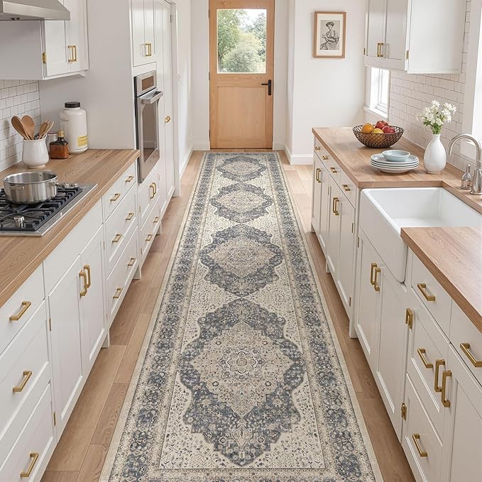 Washable 3x14 Hallway Runner Rug - Vintage Floral Stain & Fade Resistant Non-Slip Backing Ultra-Thin Long Carpet for Entryway, Bedroom, Kitchen, Corridor Decor(Blue/Beige)