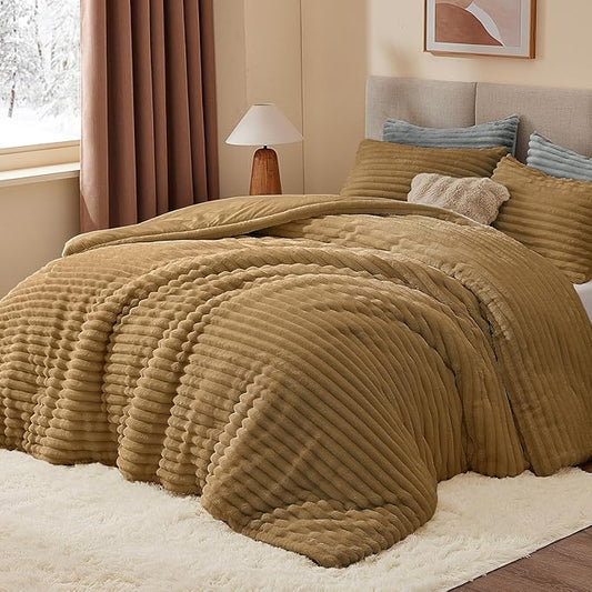 BEDELITE Fleece California King Comforter Set -Super Soft & Warm Fluffy Brown Bedding, Luxury Fuzzy Heavy Bed Set for Winter with 2 Pillow Cases