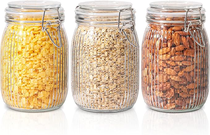 ComSaf Airtight Glass jar with lid 34oz Set of 3, Glass Storage Containers with Lids, Glass Canisters, Striped Clip Fastening Jar for Kitchen Canning, Tea, Pasta, Sugar, Beans, Cookie, Jam, Oat