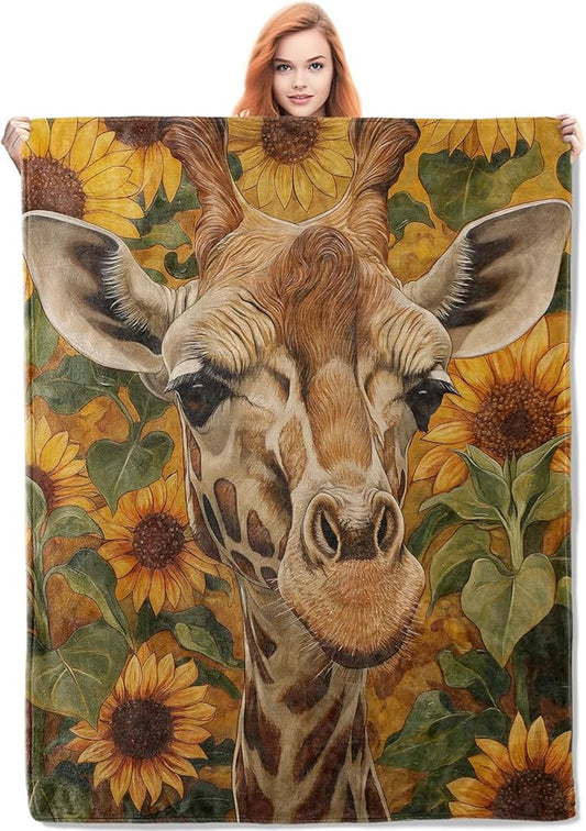 Giraffe Blanket, 50"x60" Sunflower Giraffe Fleece Throw for Kids & Adults, Ultra-Soft and Warm Home Decor Blanket, Giraffe Gifts