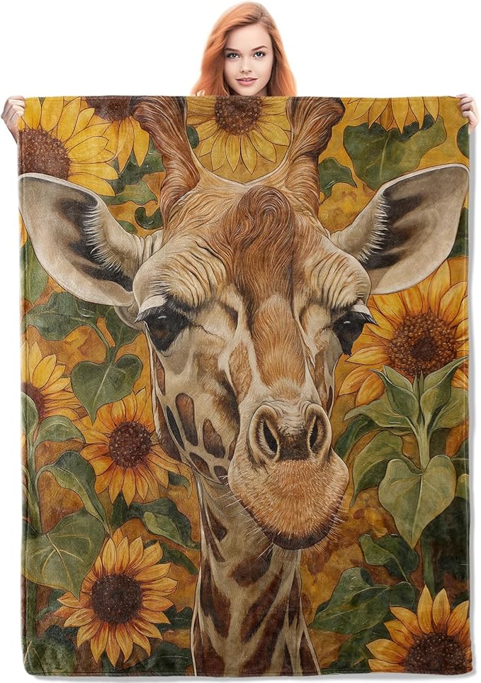 Giraffe Blanket, 60"x80" Sunflower Giraffe Fleece Throw for Kids & Adults, Ultra-Soft and Warm Home Decor Blanket, Giraffe Gifts