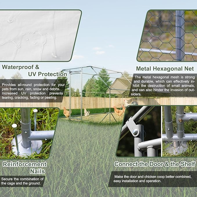 Chicken Coop Large Metal Chicken Coop Walk-in Poultry Cage Designed for Multiple Chickens,Durable Chicken House with Waterproof and Anti-UV Cover,Suit for Your Backyard(19.5'Lx9.8'Wx6.8'H)