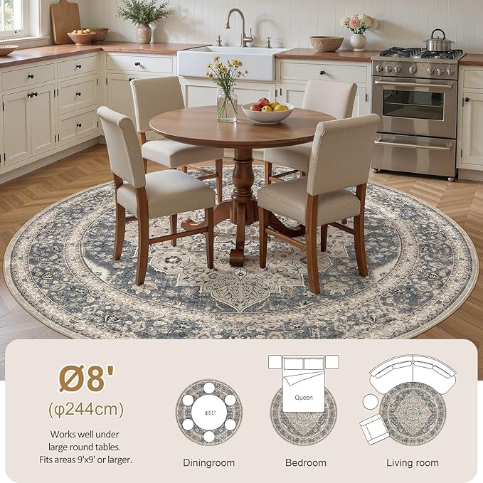 Washable 8 Ft Round Area Rug - Vintage Floral Stain & Fade Resistant Non-Slip Backing Carpet for Living Room, Bedroom, Dining Room, Home Office Floor Decor Large Carpets(Blue/Beige)