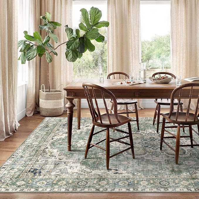 Area Rugs 10x14 Living Room - Large Washable Sage Green Boho Rugs for Bedroom Soft Vintage Rug Ultra-Thin Farmhouse Oriental Carpet Medallion Rug for Dining Room Guest Room Home Decor