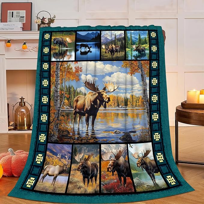 Moose Blanket, Mooses Cabin Throw Blanket, Forest Wildlife Gifts Blankets Stuff Fleece Flannel Plush for Girls Women Men Boys Lovers Adults Soft Bedding Gift for Sofa Bed Office Home Decor 80"x60"
