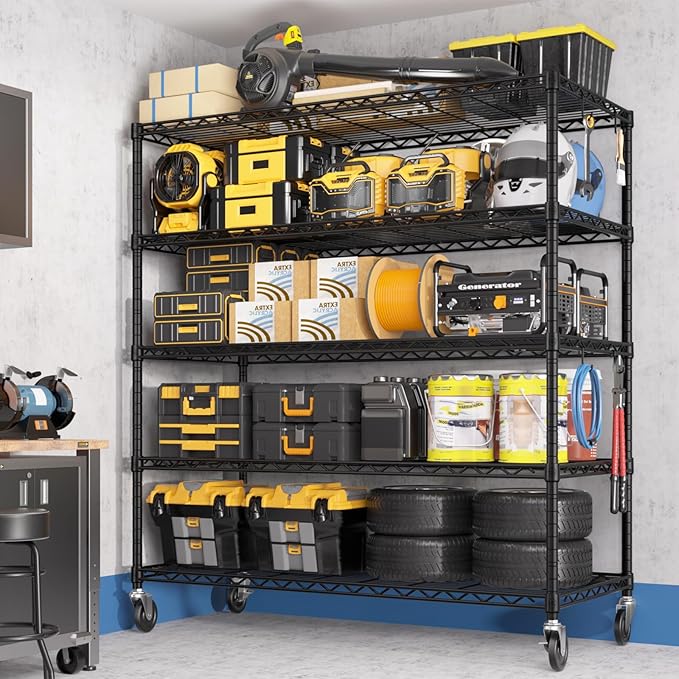 PrimeZone 3 Packs 48" W x 24" D x 81" H Heavy Duty Wire Storage Shelves with Wheels, 5 Tier Adjustable NSF Certified Garage Shelving Unit, Rolling Metal Organizer Shelf Rack for Warehouse, Pantry
