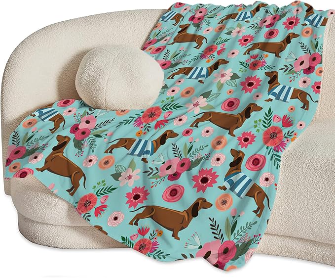 Dachshund Blanket Decor Gifts for Dachshund Lover Flannel Fleece Fuzzy Throw Blanket Soft Warm Cozy Plush Floral Blanket for Bed Couch Living Room Stuffed Decoration for Women Kids Adult 60"x50"