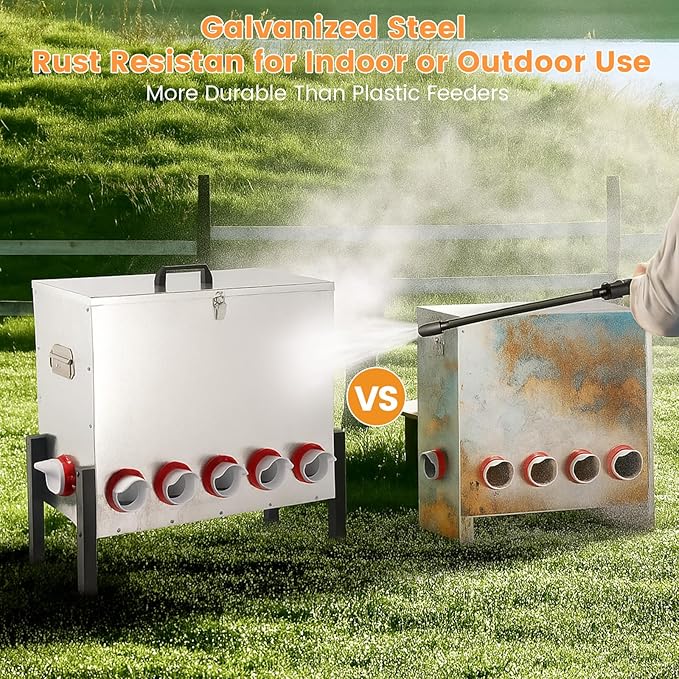 100LB Automatic Chicken Feeder with Cover – Large Capacity Metal Chicken Coop Feeder with 12 Feed Ports, Adjustable Legs Rainproof No Waste Outdoor Poultry Feeder for Hens & Free Range Flocks