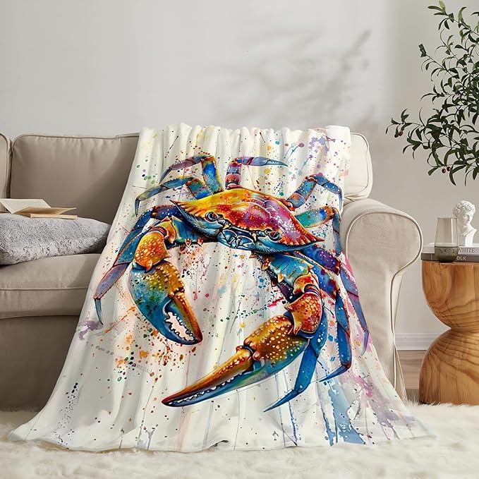 Crab Blanket Colorful Cosatal Ocean Crab Throw Blanket Soft Warm Cozy Fuzzy Plush Gifts for Girls Women Lightweight Fleece Flannel Stuff Decor Gift for Kids Adults 60"X50"