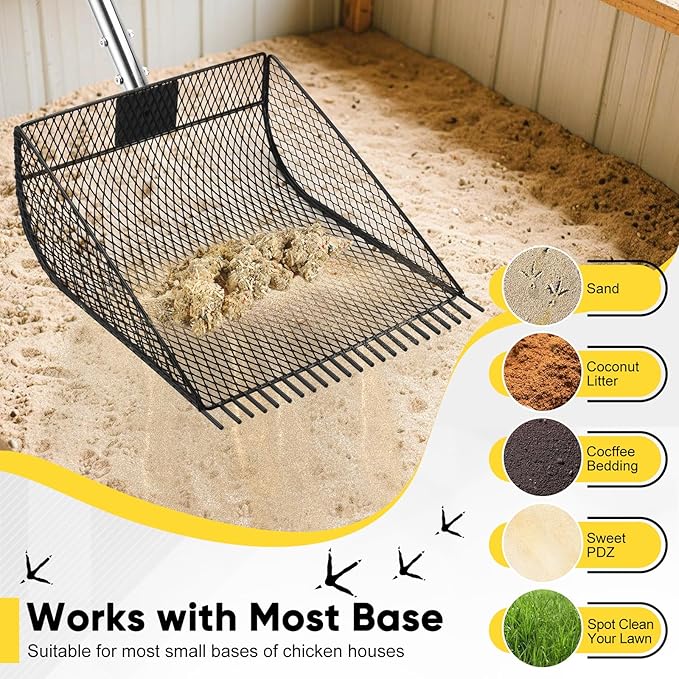 Upgraded 12-inch Chicken Poop Scooper Rake, Durable Metal Poop Scoop for Chicken with 24 to 68" Adjustable Stainless Steel Handle, Litter Scooper for Sand Sifting Shovel for Animals House