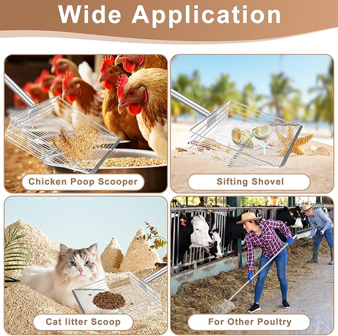YUMEKA 10inch Large Chicken Poop Scooper,3-in-1 Detachable Tool (36 to 63 inches),Stainless Steel coop Scoop, Poop Shovel for Chicken Coop Accessories,Metal Litter Scoop,Chicken coop Cleaning Tools.