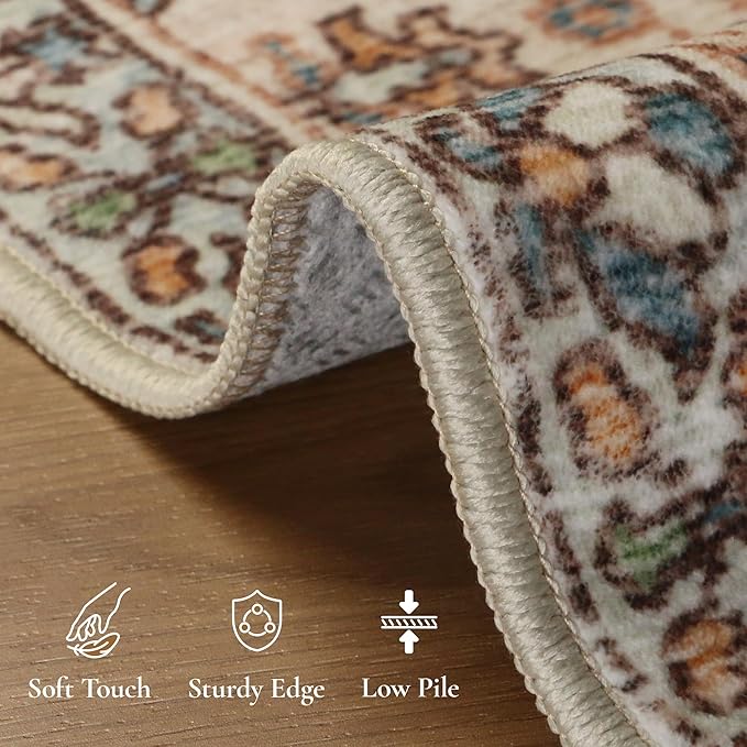 GENIMO 3x5 Area Rugs for Living Room, Machine Washable Non Slip Vintage Rugs, Low Pile Lightweight Chenille Print Rug for Bedroom, Dining Room, Home Office, Beige Cream