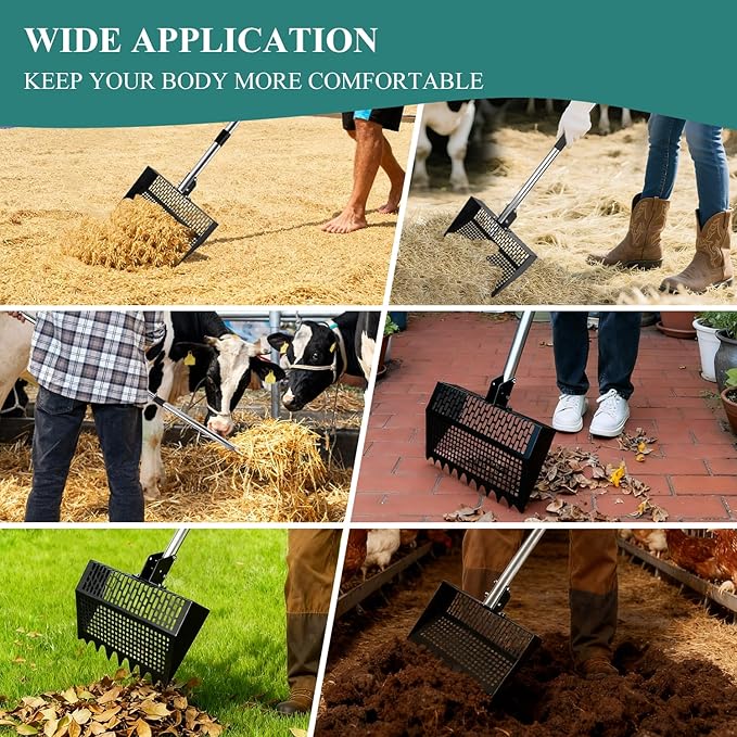 Chicken Poop Scooper and Rake 2-in-1 12” Wide Metal Coop Scoop for Sand Sifting Shovel with 22" to 62” Adjustable Stainless Steel Handle Cleaning Tools for Chicken Coops & Farm Animals Scoop