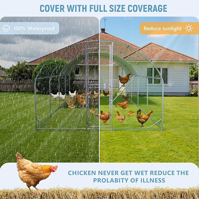 Large Chicken Coop,10x26x6.5FT Metal Chicken Run for Yard with Feeding Door, Round Top Walk-in Chicken Pen,Outdoor Poultry Cage with Anti-UV Cover,Rabbit Duck House