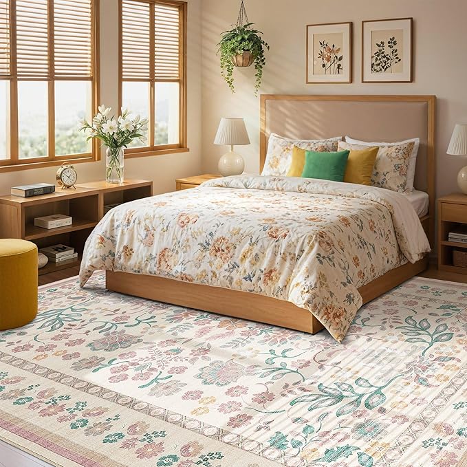 10x14 Area Rug Living Room Rugs - Washable Boho Vintage Floral Large Soft Non Slip Thin Rug Low Pile Carpet for Bedroom Dining Room Kids Playroom Office Decor Indoor- Pink