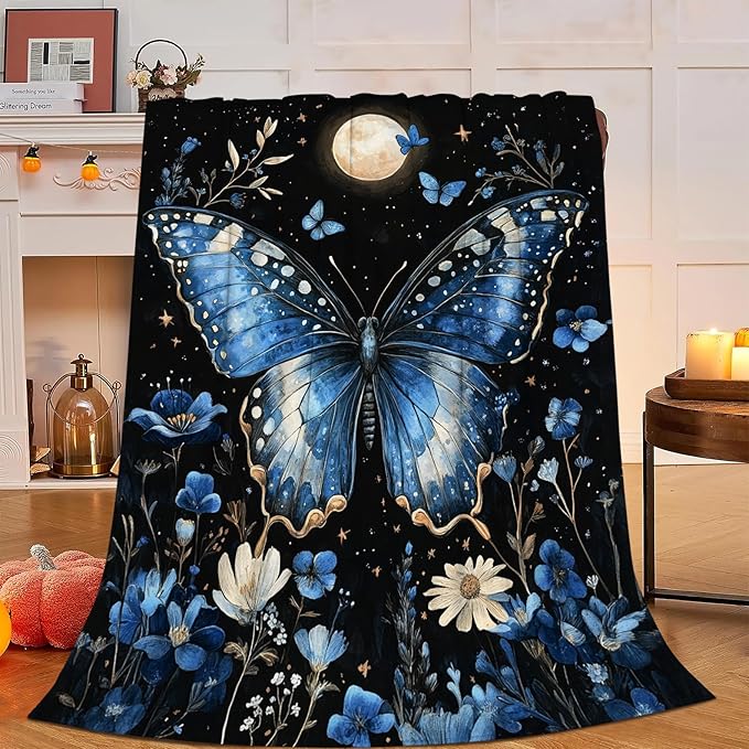 Butterfly Blanket, Blue Butterflies Throw Blanket, Flower Gifts Blankets Stuff Fleece Flannel Plush for Girls Women Men Boys Lovers Adults Soft Bedding Gift for Sofa Bed Office Home Decor 40"X50"