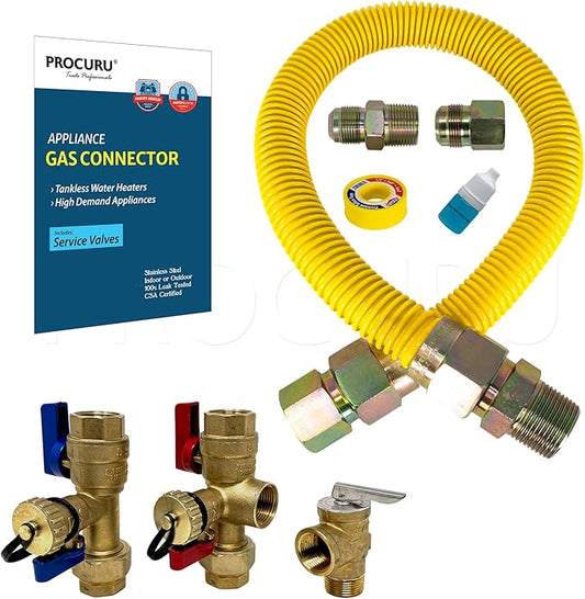 PROCURU 1" OD x 18" (1.5Ft) x 3/4"MIP x 3/4"FIP Flexible Gas Connector Kit with Service Valve Kit (FxF), WP Stainless Steel MaxFlow Tubing for Tankless Water Heater (Blue-D1 Series)