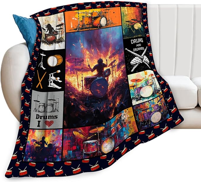 Music Blanket,Drums Set Throw Blanket, Rock Music Gifts Blankets Stuff Fleece Flannel Plush for Girls Women Men Boys Lovers Adults Soft Bedding Gift for Sofa Bed Office Home Decor 80"x60"