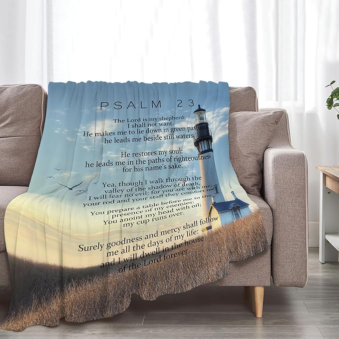 Psalm 23 Blanket Christian Lighthouse Gifts Religious Bible Verse Scripture Throw Blanket Comfy Plush Flannel Fleece Warm Soft Fluffy Fuzzy Blanket for Prayer Women Teens for Bed Sofa Couch 50"X60"