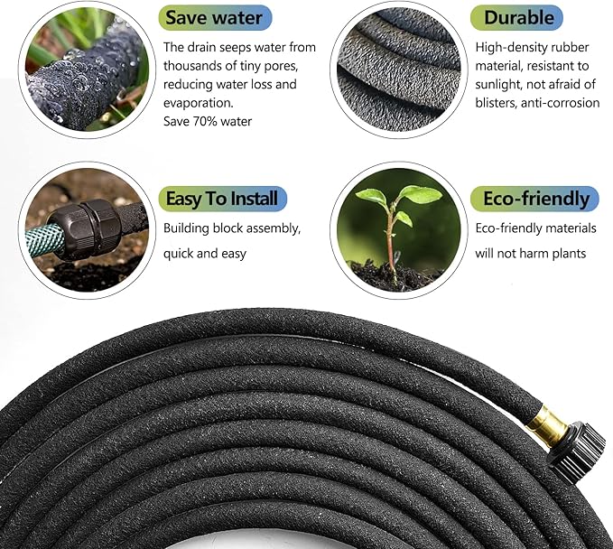 Soaker Hose 25 ft 3-Pack for Garden Beds with Kit, 1/2’’ Soaker Hose 75 ft Heavy Duty, 70% Water Saving Drip Hose Irrigation for Lawn, Landscaping, Garden (Black, 25 FEET x 3PACK)