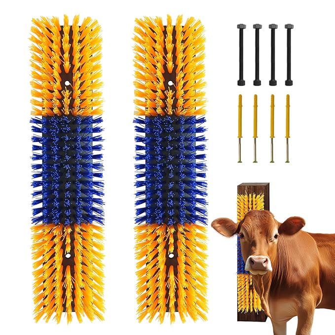 Livestock Scratch Brush With 8 Screws，Animal Back Scratching Brush for Cow,Cattle,Sheep, Horses,Pigs，Massage Grooming Tool (Yellow, 2pcs)