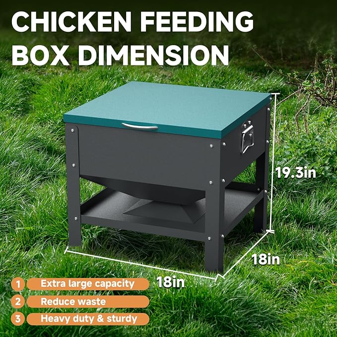 Portable Metal Chicken Feeder with Waterproof Lid, Freestanding Chicken Feeding Box with 80 lbs Large Capacity for Chickens, Green