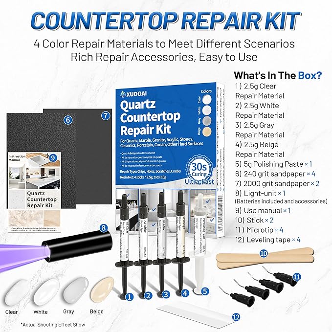Quartz Countertop Repair Kit (Clear, White, Gray, Beige) 30s Fast Curing DIY Fix Luxury Stone, Granite Marble Acrylic Porcelain Fiberglass Quartz Countertop Chip Repair Kit for Cracks Holes Scratches
