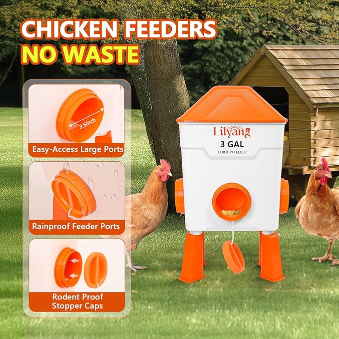 Lilyang XL Chicken Feeder and Waterer Set 3 Gallon, Automatic No-Waste Feeder, Large Poultry Waterer with 2.75'' Cups, Standing or Hanging Use, Feed Chickens & Ducks