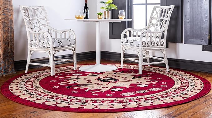 Unique Loom Taftan Collection Border Geometric Tribal Inspired Design Area Rug (8' 0 x 8' 0 Round, Red/ Gold)