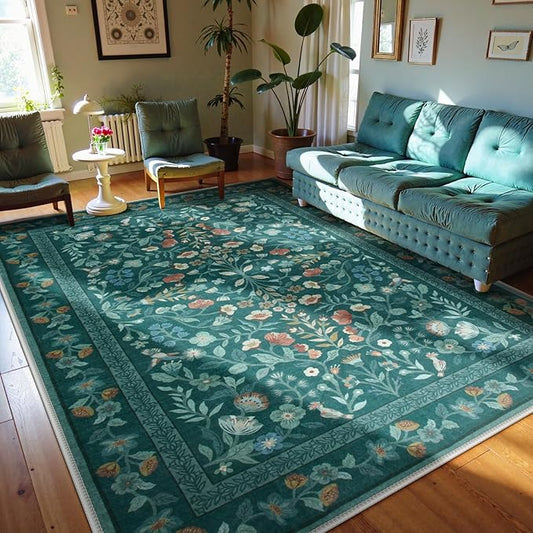 Lahome Floral Washable Area Rugs 8x10, Non-Slip Living Room Carpet Soft Tumble Washable Rugs for Bedroom Nursery, Vintage Botanical Print Carpet for Classroom Kids Room, Dark Green