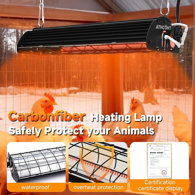 Chicken Coop Heater Lamp, Carbon Fiber Heat Lamp with 175W and 250W Bulbs, Brooder Heater with Guard, Ideal for Poultry, Livestock & Small Pets (1 pc Black Plus35CM(1 Light Frame + 2 Lamp Tubes))