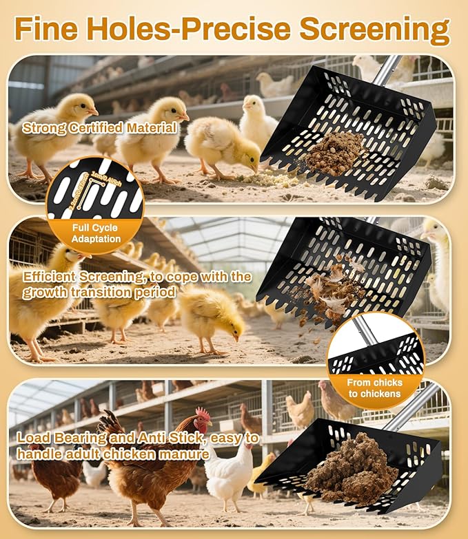 Chicken Poop Scooper for Sand,Coop Scoop 3 IN 1 Rake Function【Fine Sieve Holes】【Adjustable Stainless handle 24 to 68"】Metal Cat Litter Scoop, No Hole Shovel Side Scooper Chicken Poop Scooper for Sand